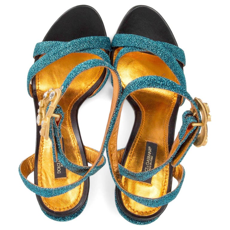 DOLCE and GABBANA blue GLITTER CRYSTAL HEART Sandals Shoes 38 For