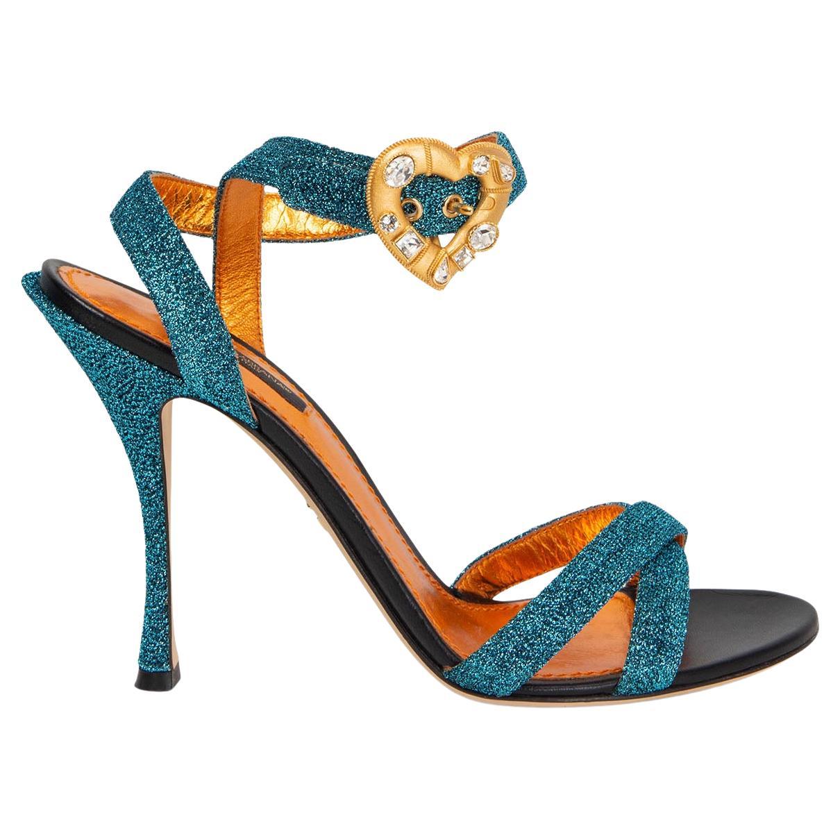 DOLCE & GABBANA blue GLITTER CRYSTAL HEART Sandals Shoes 38 For Sale