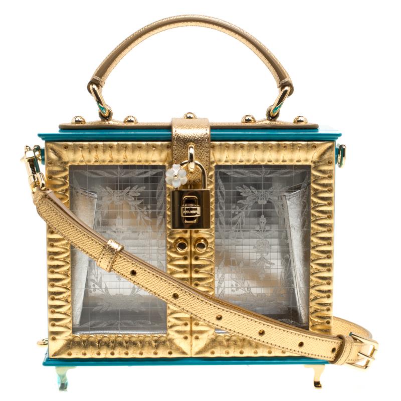 Dolce & Gabbana Blue/Gold Acrylic and Leather Furniture Box Top Handle Bag