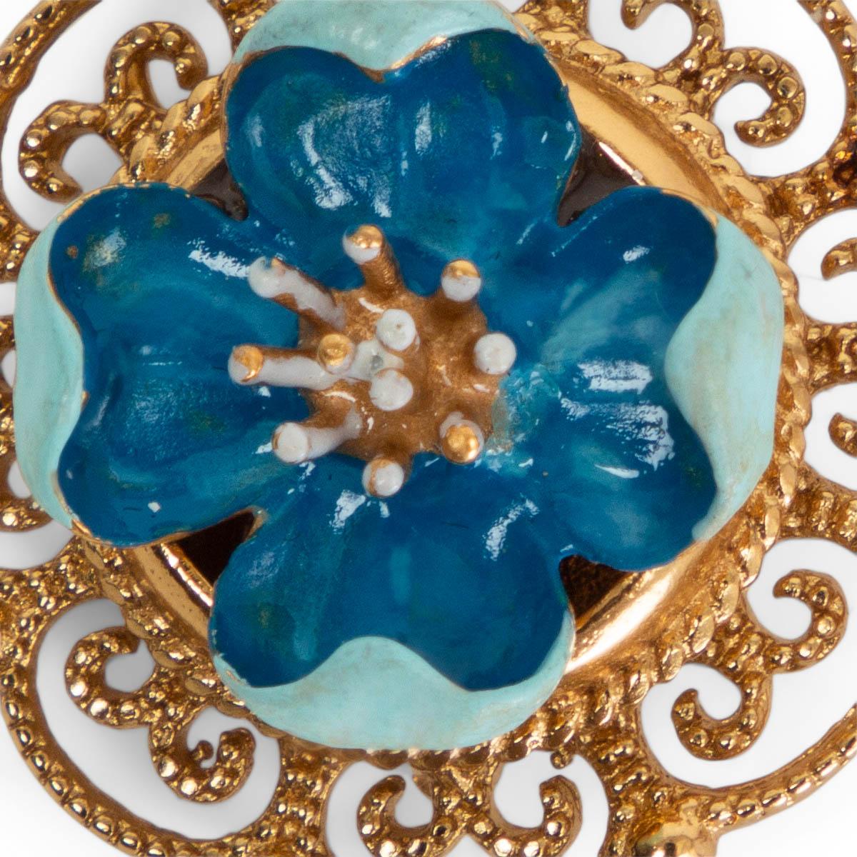Dolce & Gabbana Blue & Gold & Crystal Flower Drop Clip on Earrings In Excellent Condition In Zürich, CH
