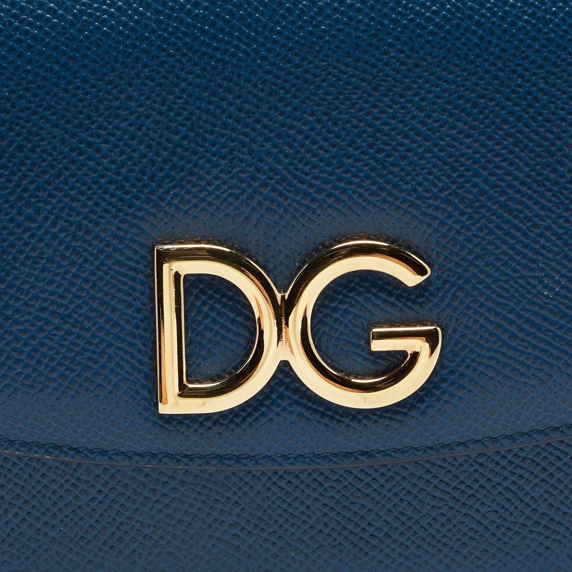 Dolce & Gabbana Blue Grained Leather DG Logo Flap Chain Clutch 4