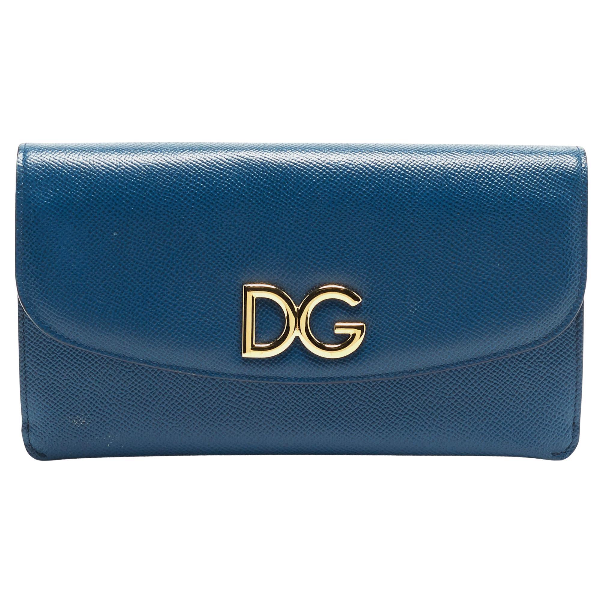 Dolce & Gabbana Blue Grained Leather DG Logo Flap Chain Clutch