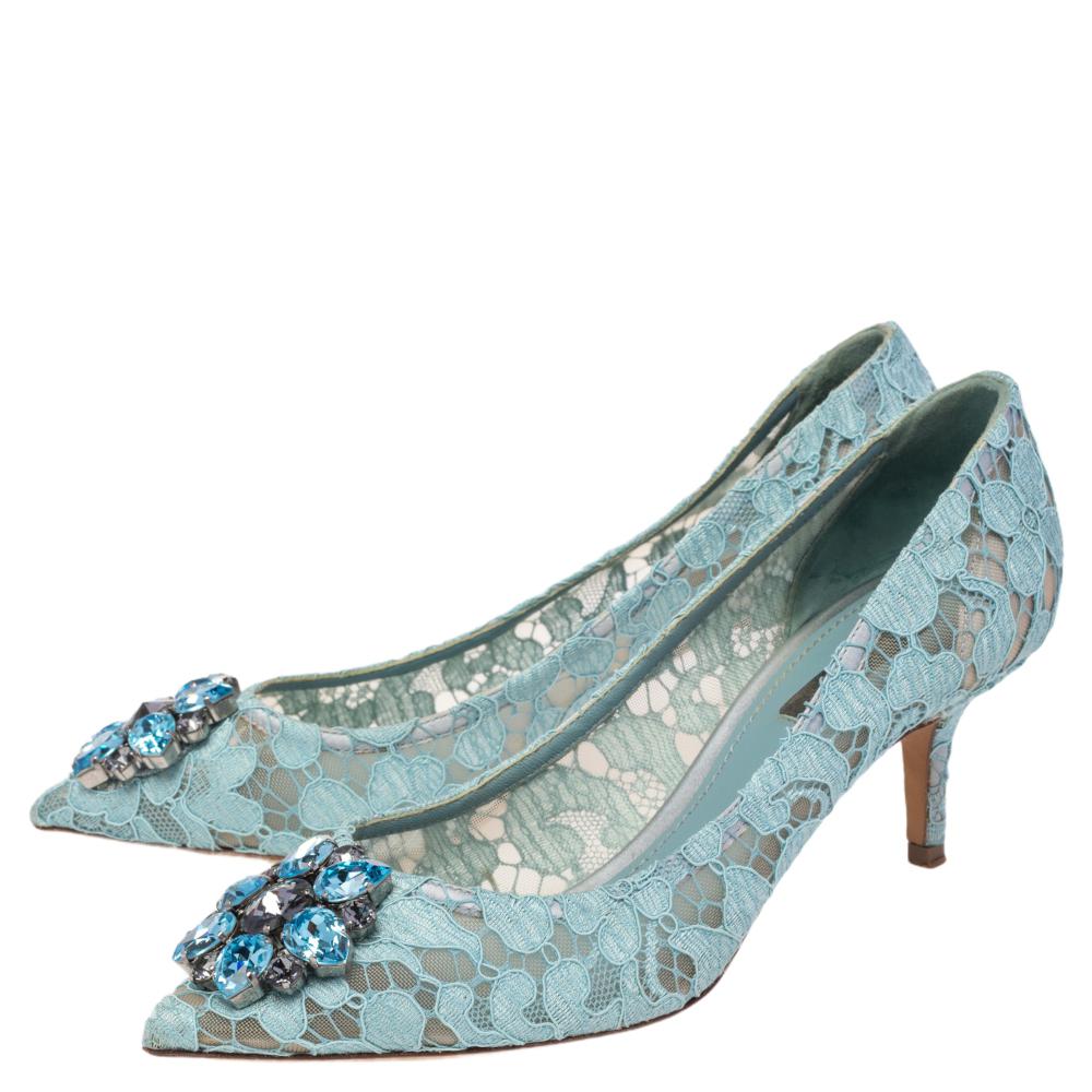 Gray Dolce & Gabbana Blue Lace Bellucci Pointed Toe Pumps Size 38
