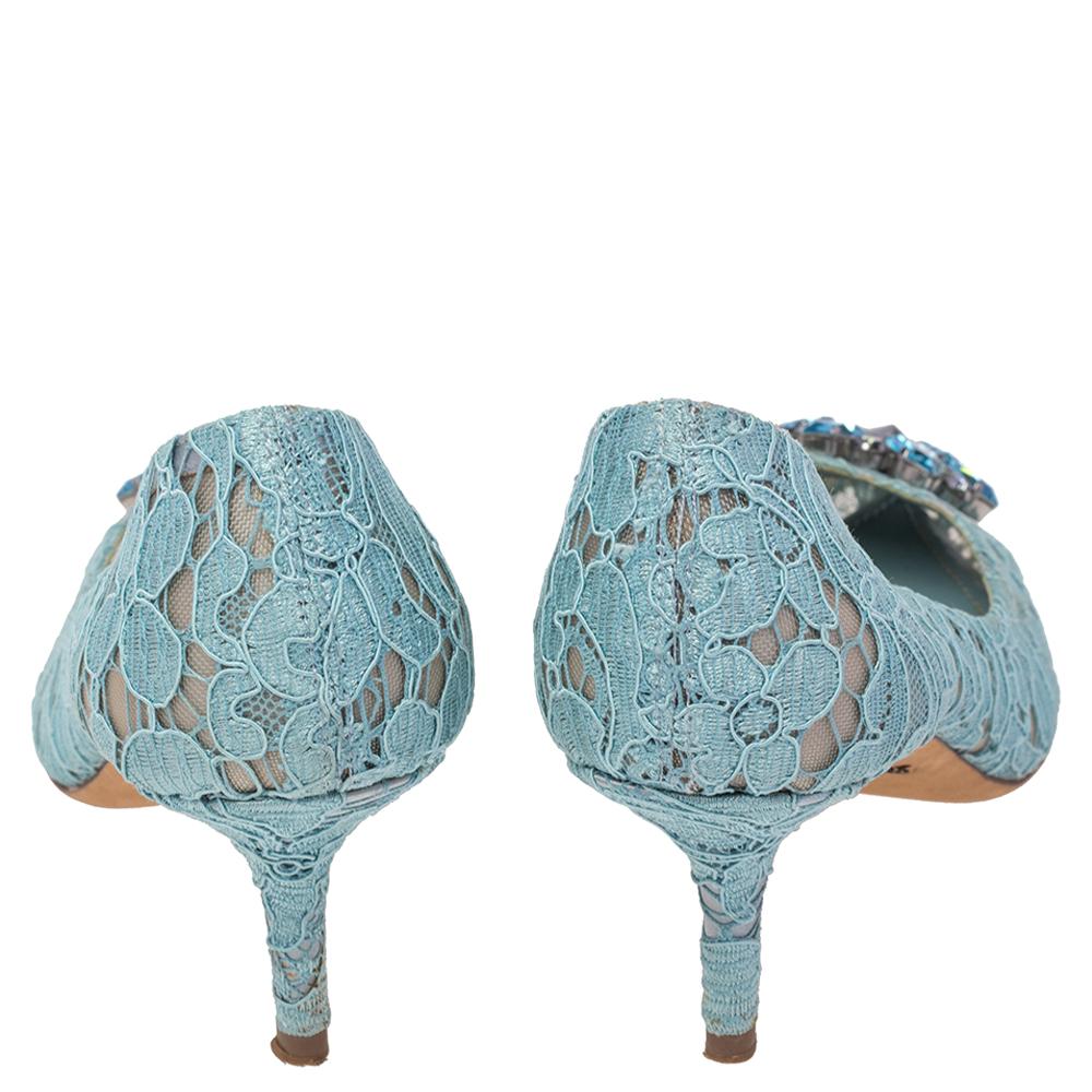 Women's Dolce & Gabbana Blue Lace Bellucci Pointed Toe Pumps Size 38