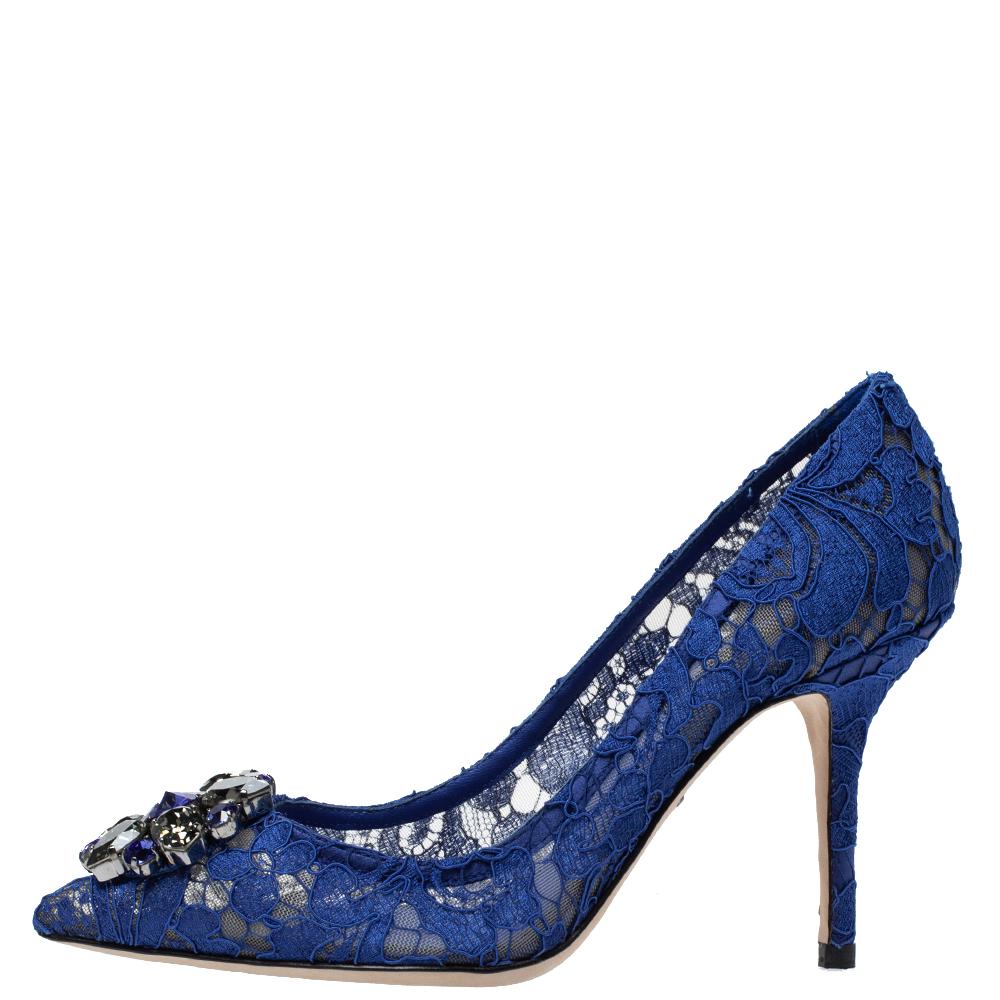 Dolce & Gabbana Blue Lace Jeweled Embellishment Pointed Toe Pumps Size 36 1
