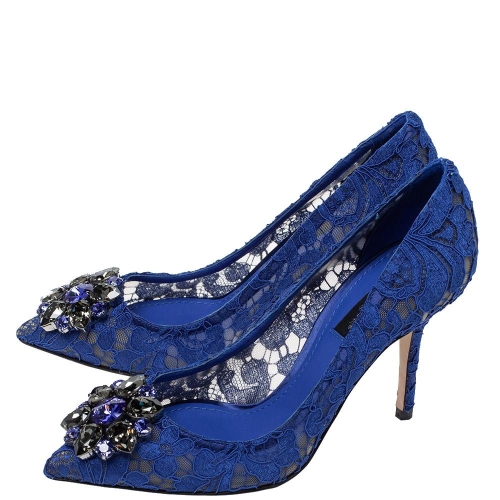 Dolce & Gabbana Blue Lace Jeweled Embellishment Pointed Toe Pumps Size 36 3