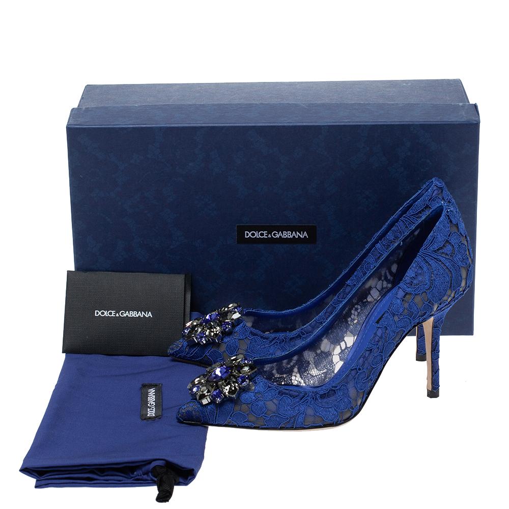 Dolce & Gabbana Blue Lace Jeweled Embellishment Pointed Toe Pumps Size 36 4