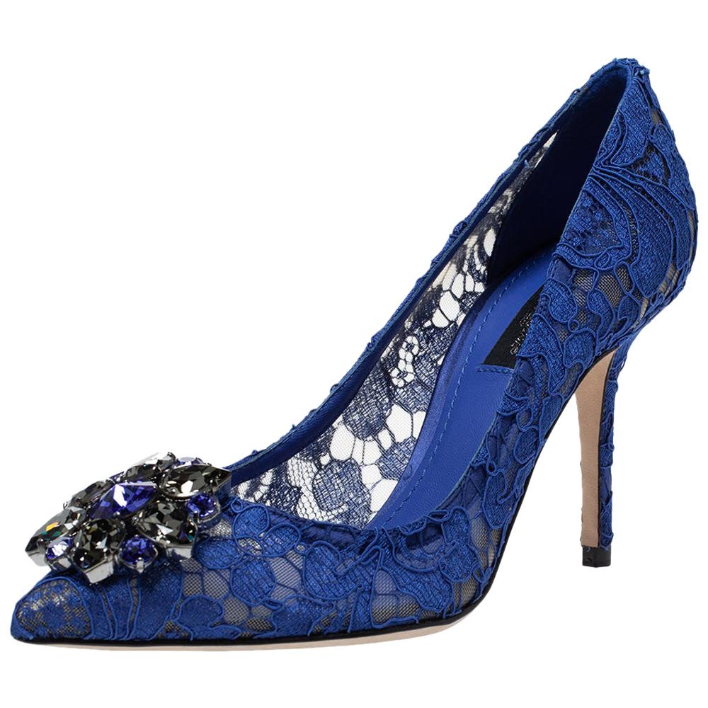 Dolce & Gabbana Blue Lace Jeweled Embellishment Pointed Toe Pumps Size 36