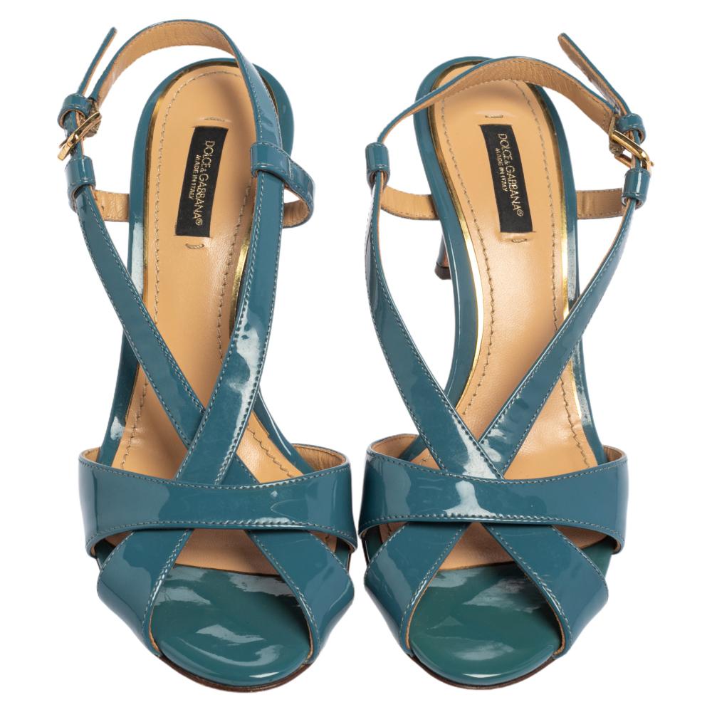 Dolce & Gabbana Blue Leather Ankle Strap Sandals Size 38 In Good Condition In Dubai, Al Qouz 2