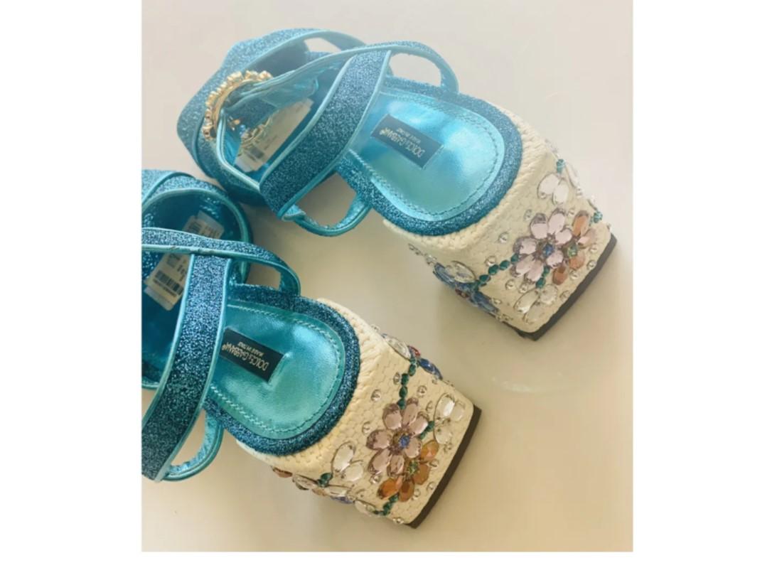 Dolce & Gabbana Blue Leather Glitter Crystal Floral Shoes Sandals Heels DG In Good Condition For Sale In WELWYN, GB