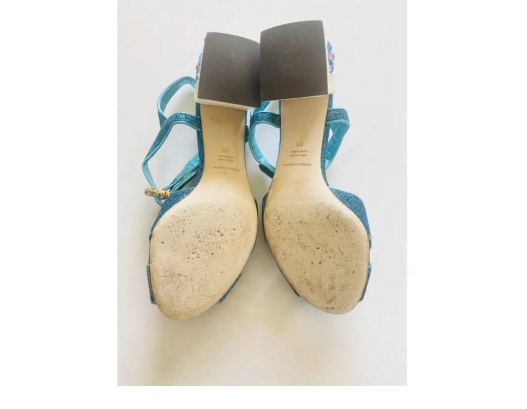 Women's Dolce & Gabbana Blue Leather Glitter Crystal Floral Shoes Sandals Heels DG For Sale