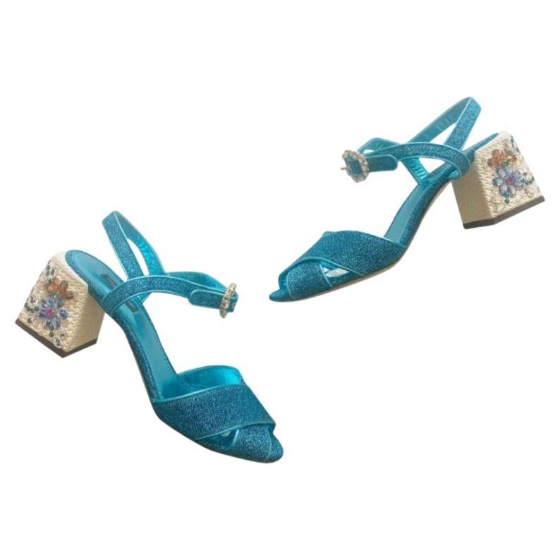 Dolce & Gabbana Blue Leather Glitter Crystal Floral Shoes Sandals Heels DG For Sale
