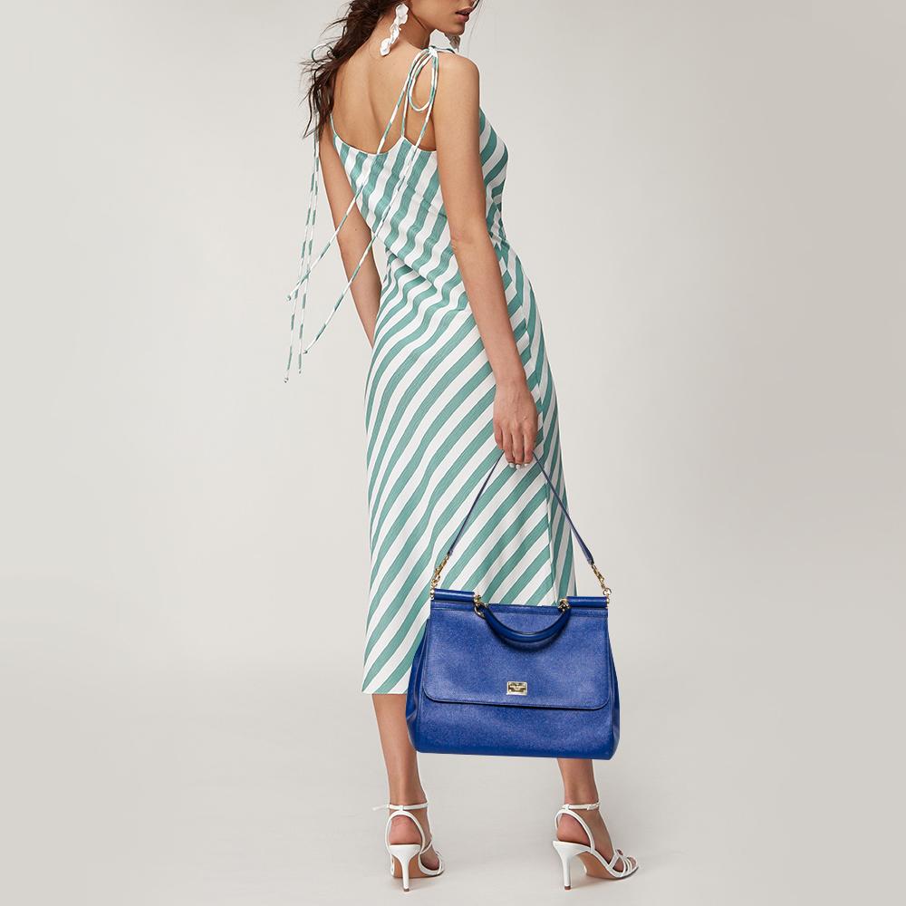 Dolce & Gabbana Blue Leather Large Miss Sicily Top Handle Bag In Good Condition In Dubai, Al Qouz 2