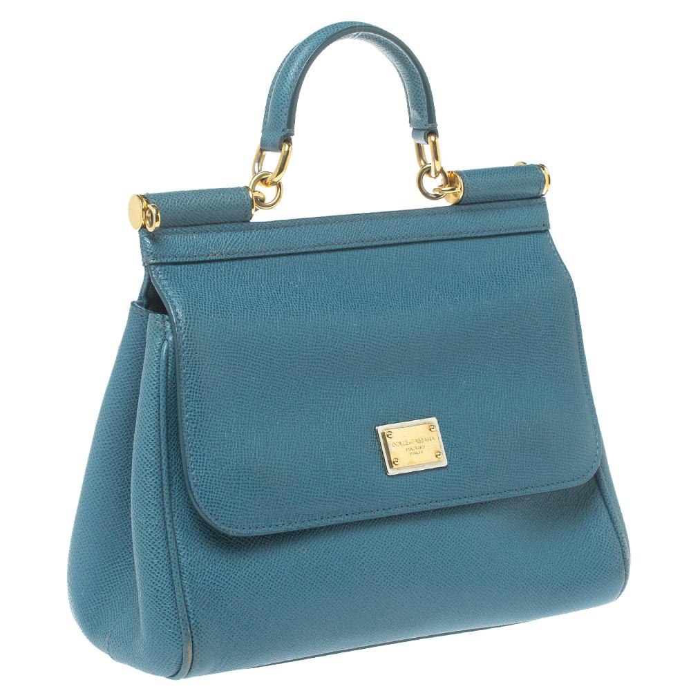 Dolce & Gabbana Blue Leather Medium Miss Sicily Top Handle Bag In Good Condition In Dubai, Al Qouz 2