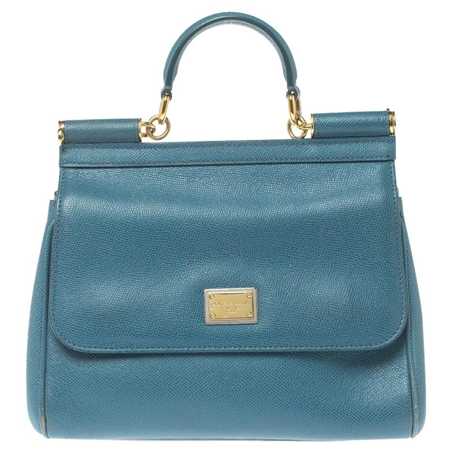 Dolce & Gabbana Blue Leather Medium Miss Sicily Top Handle Bag