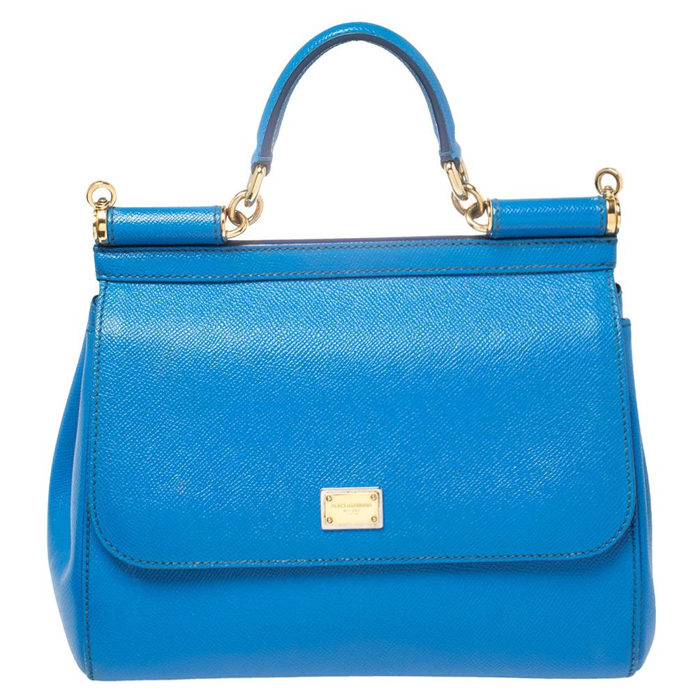 Dolce and Gabbana Aqua Blue Leather Large Miss Sicily Top Handle Bag ...
