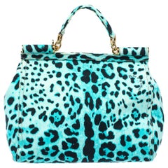 Dolce & Gabbana Blue Leopard Print Canvas Large Miss Sicily Top Handle Bag