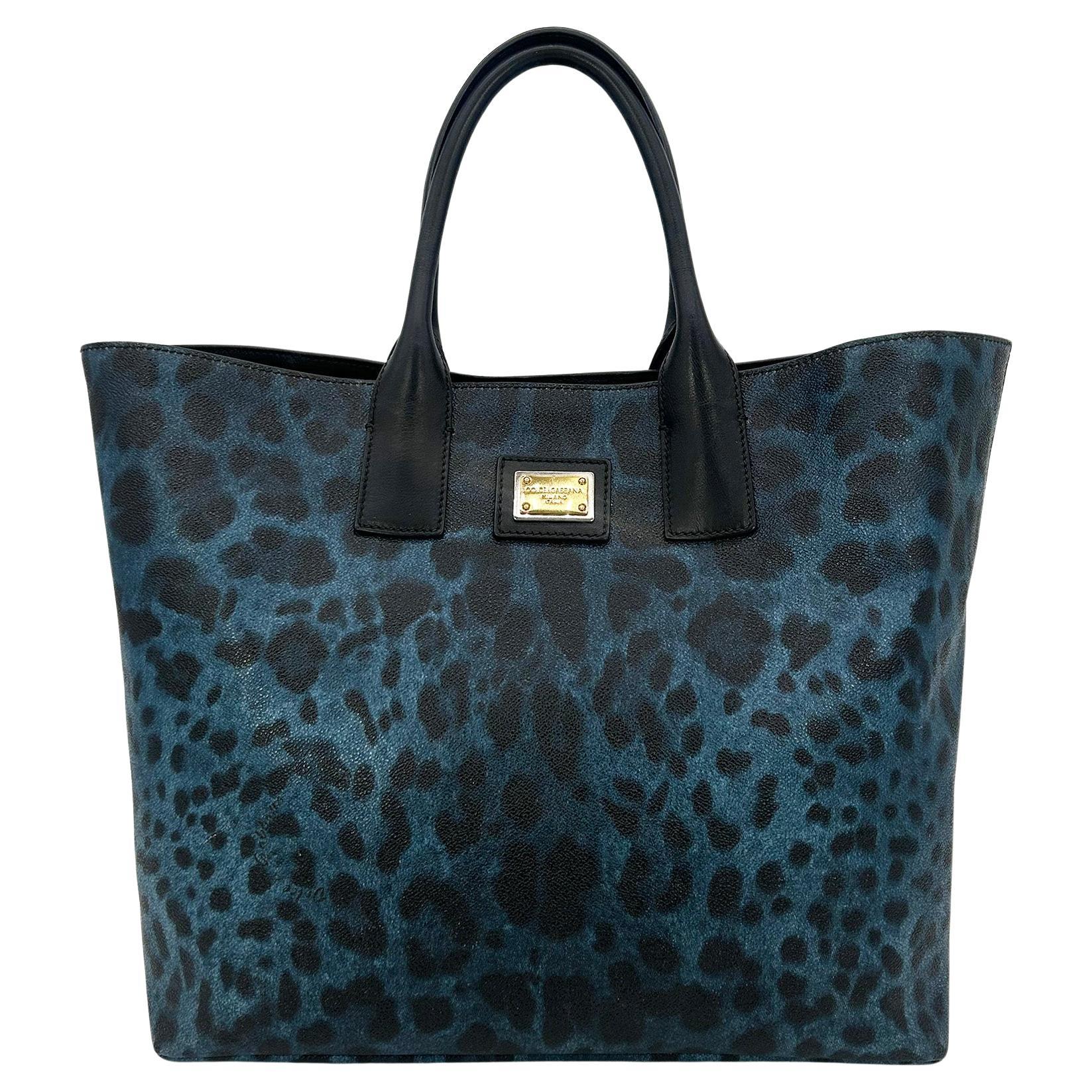 Dolce & Gabbana Blue Leopard Print Coated Canvas Tote