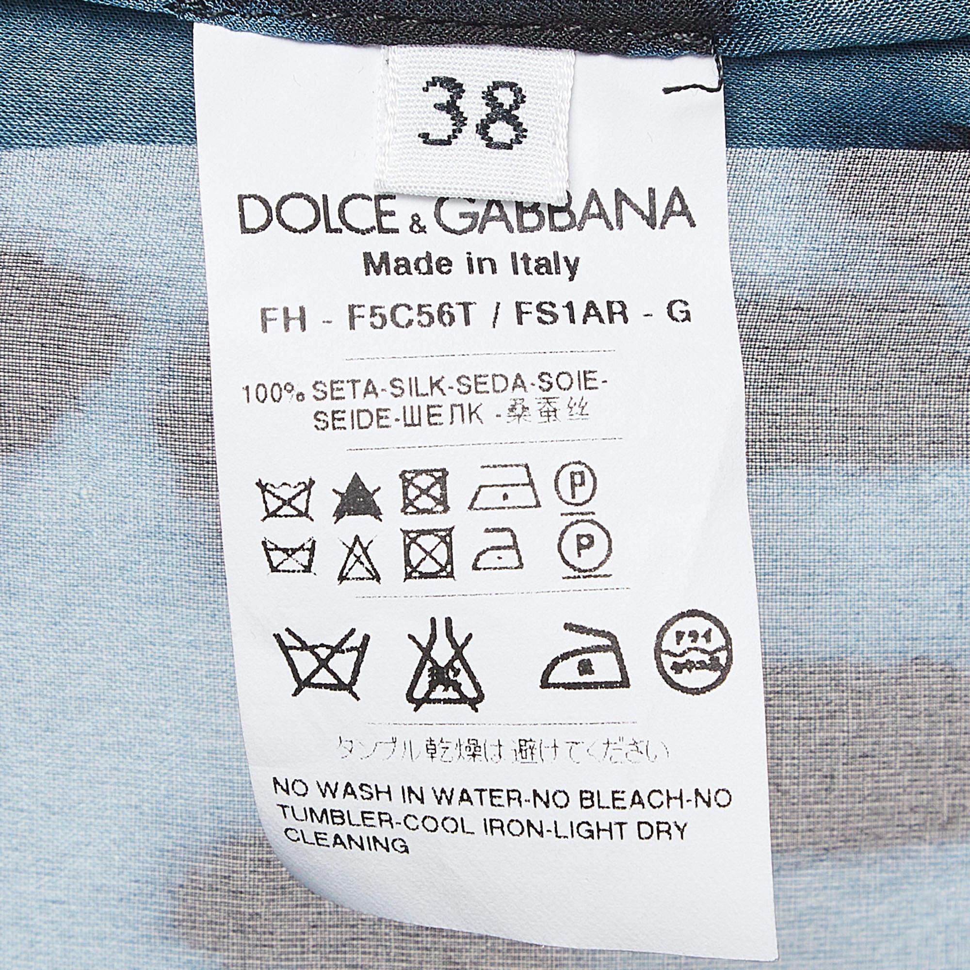Dolce & Gabbana Blue Leopard Print Silk Ruffled Semi Sheer Shirt S In Excellent Condition For Sale In Dubai, Al Qouz 2