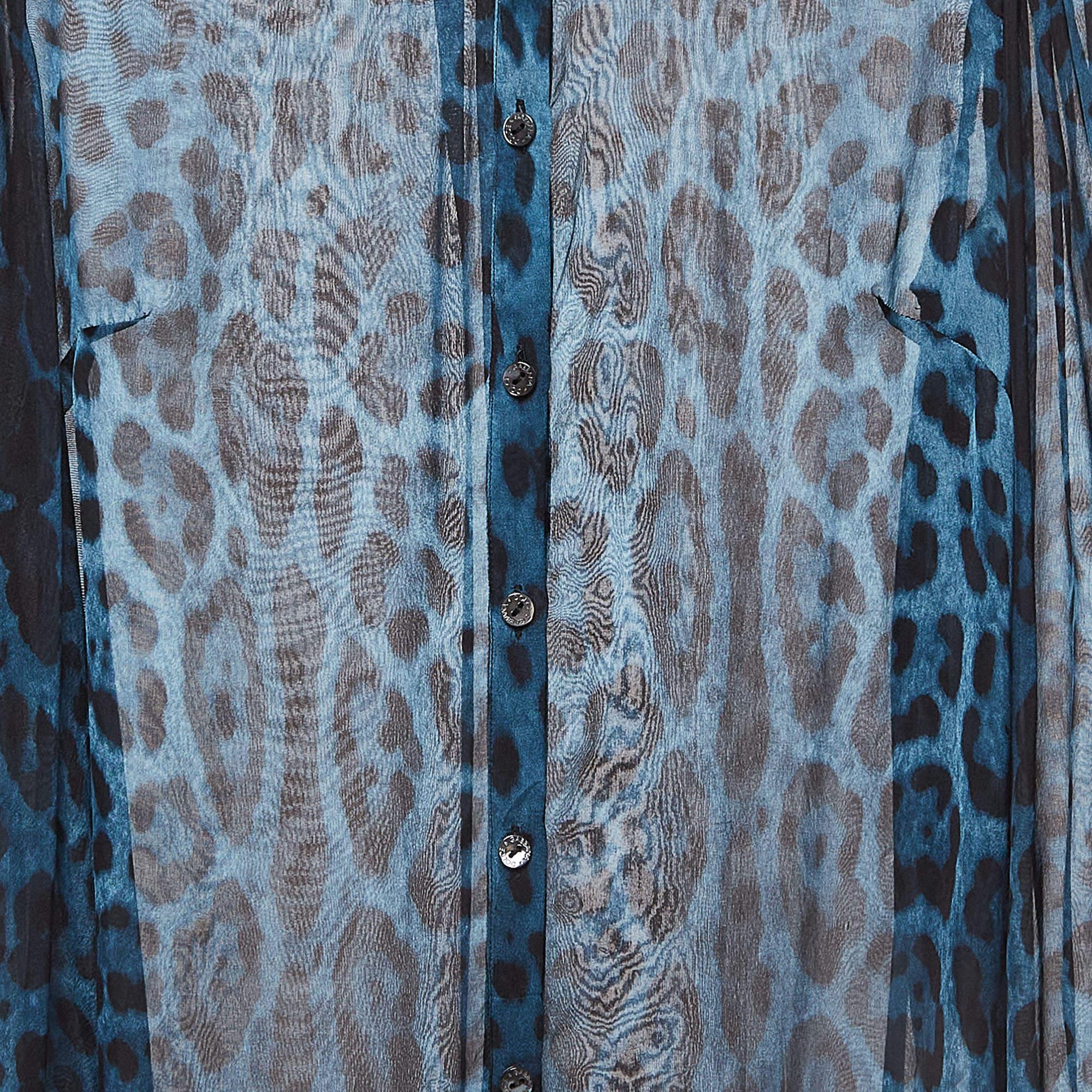 Women's Dolce & Gabbana Blue Leopard Print Silk Ruffled Semi Sheer Shirt S For Sale