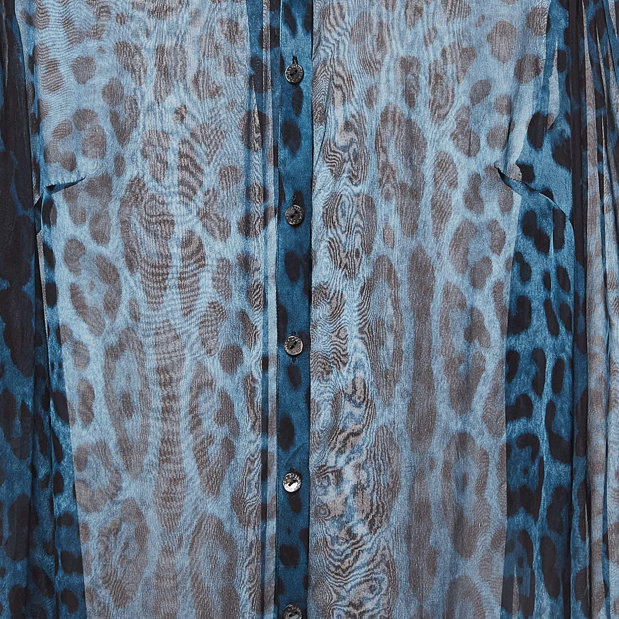 Dolce & Gabbana Blue Leopard Print Silk Ruffled Semi Sheer Shirt S In Excellent Condition For Sale In Dubai, Al Qouz 2