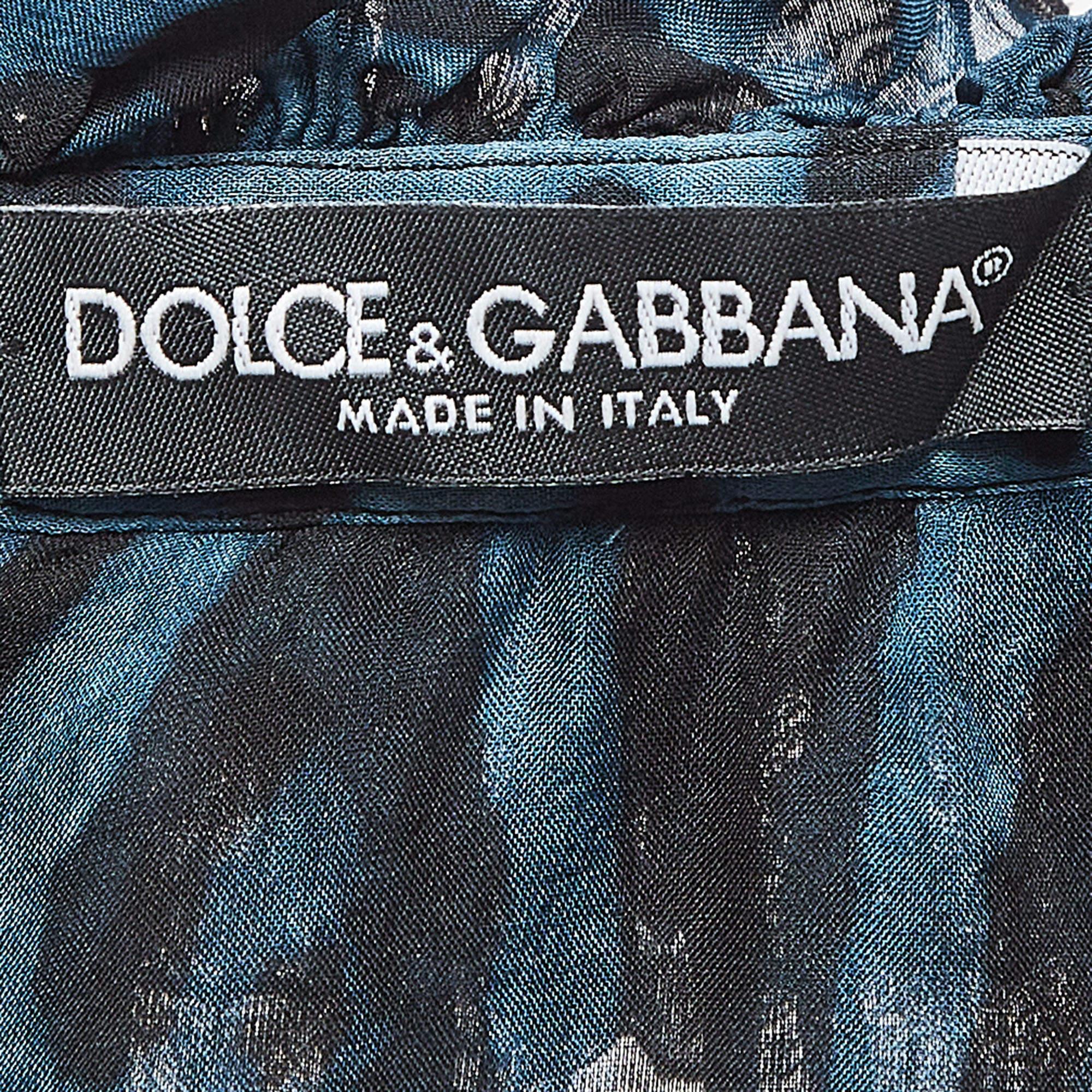 Dolce & Gabbana Blue Leopard Print Silk Ruffled Semi Sheer Shirt S For Sale 1