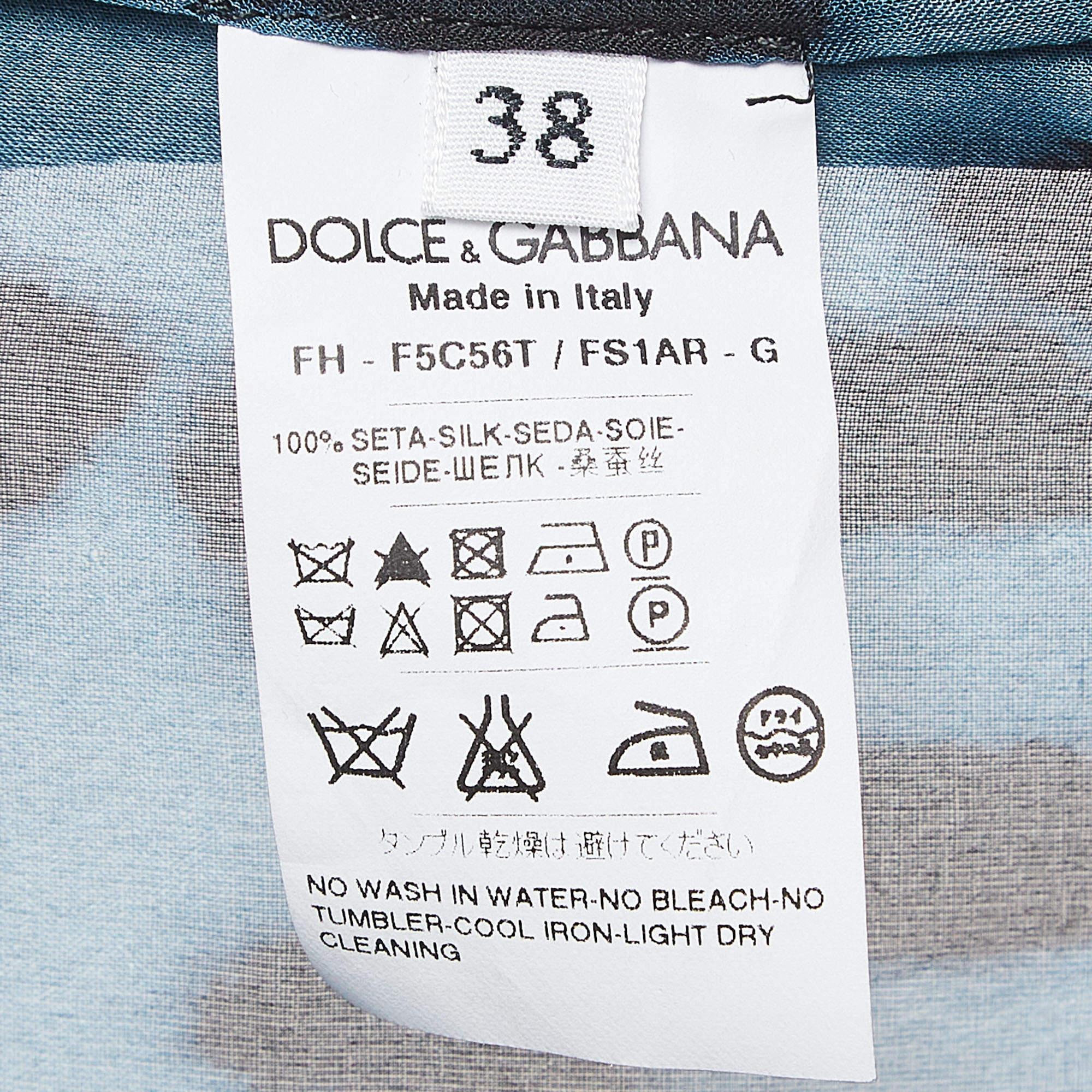 Women's Dolce & Gabbana Blue Leopard Print Silk Ruffled Semi Sheer Shirt S For Sale