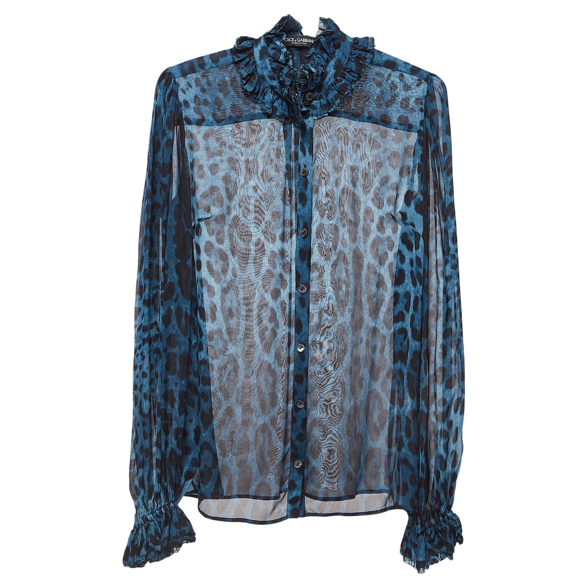 Dolce & Gabbana Blue Leopard Print Silk Ruffled Semi Sheer Shirt S For Sale