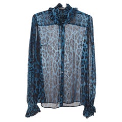 Dolce & Gabbana Blue Leopard Print Silk Ruffled Semi Sheer Shirt S