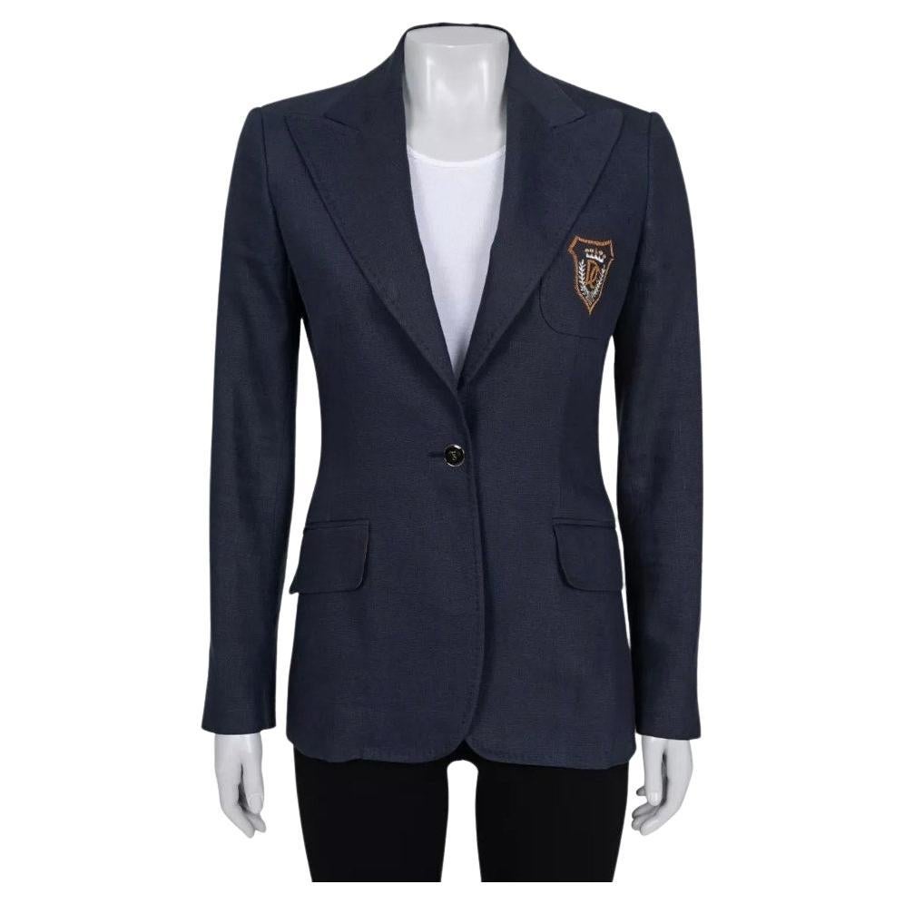 Dolce & Gabbana Blue Linen Embroidered Fitted Jacket - IT38/XS