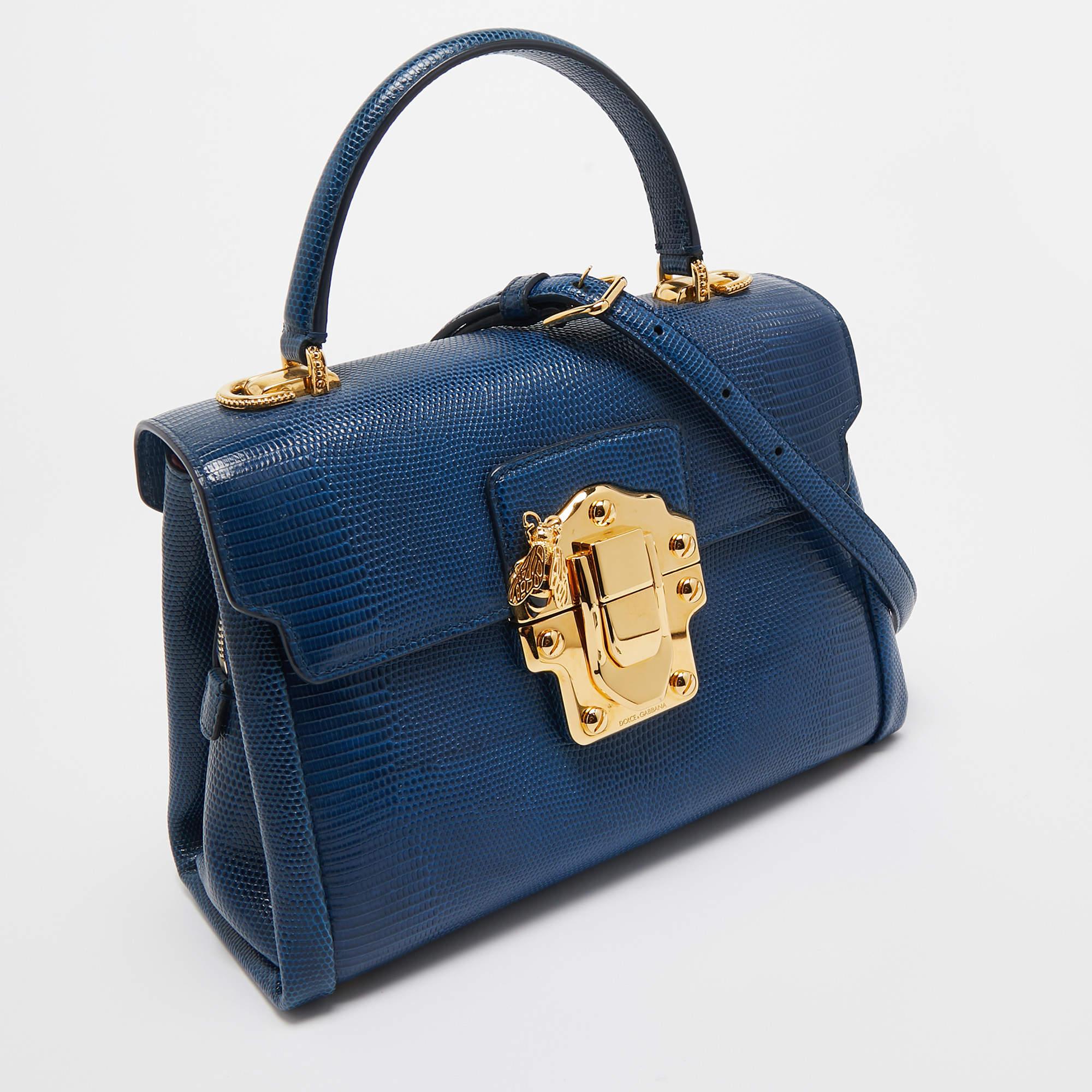 Dolce & Gabbana - Sac Lucia à poignée supérieure en cuir embossé lézard bleu en vente 7