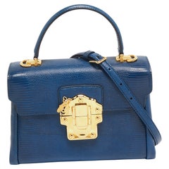 Dolce & Gabbana Blaue Lucia Top Handle Bag aus Leder mit Eidechseprägung aus geprägtem Leder