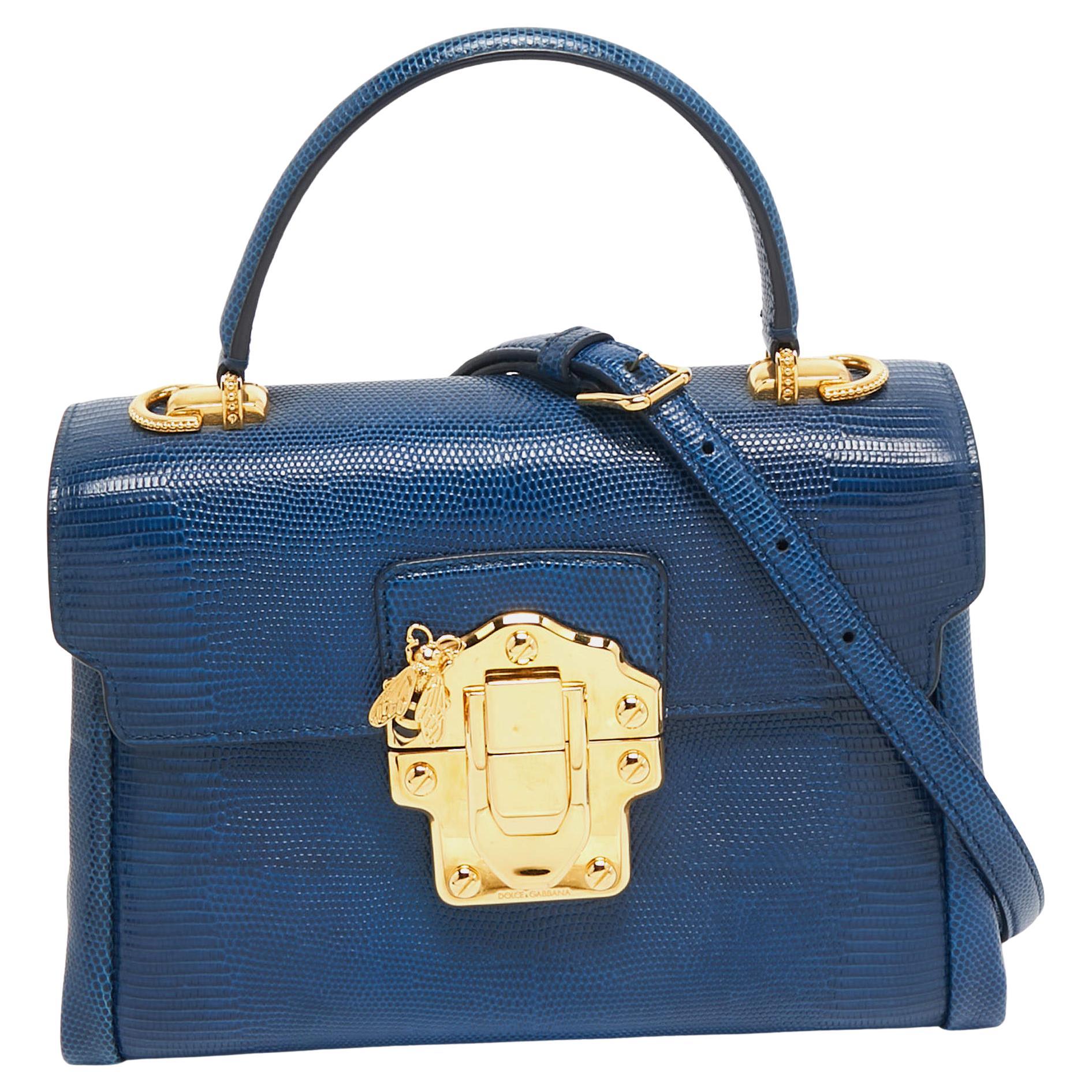 Dolce & Gabbana - Sac Lucia à poignée supérieure en cuir embossé lézard bleu en vente