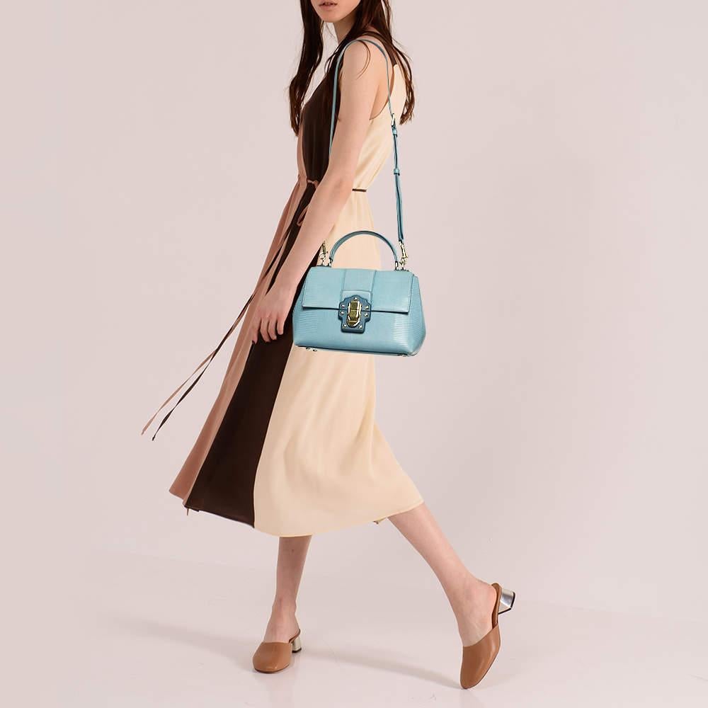 Dolce & Gabbana Blue Lizard Embossed Leather Small Lucia Top Handle Bag In Good Condition In Dubai, Al Qouz 2