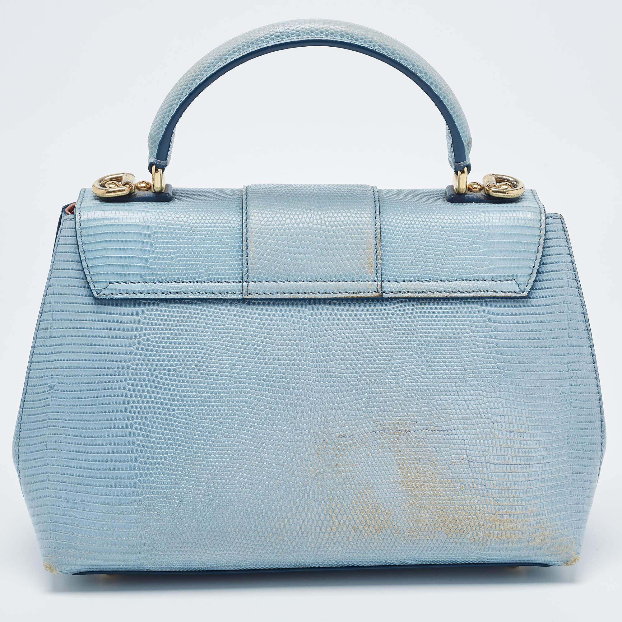Dolce & Gabbana Blue Lizard Embossed Leather Small Lucia Top Handle Bag For Sale 3