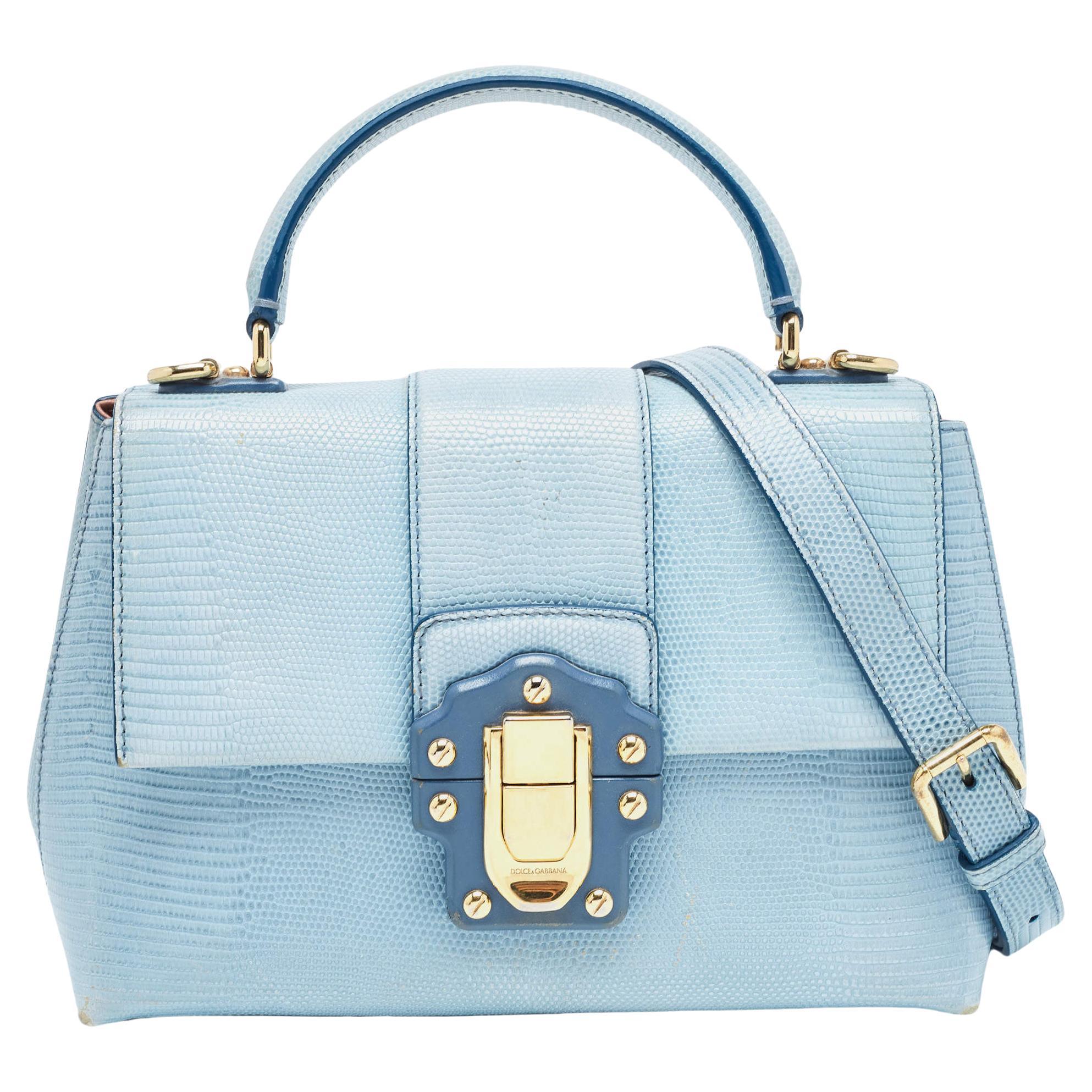Dolce & Gabbana Blue Lizard Embossed Leather Small Lucia Top Handle Bag For Sale