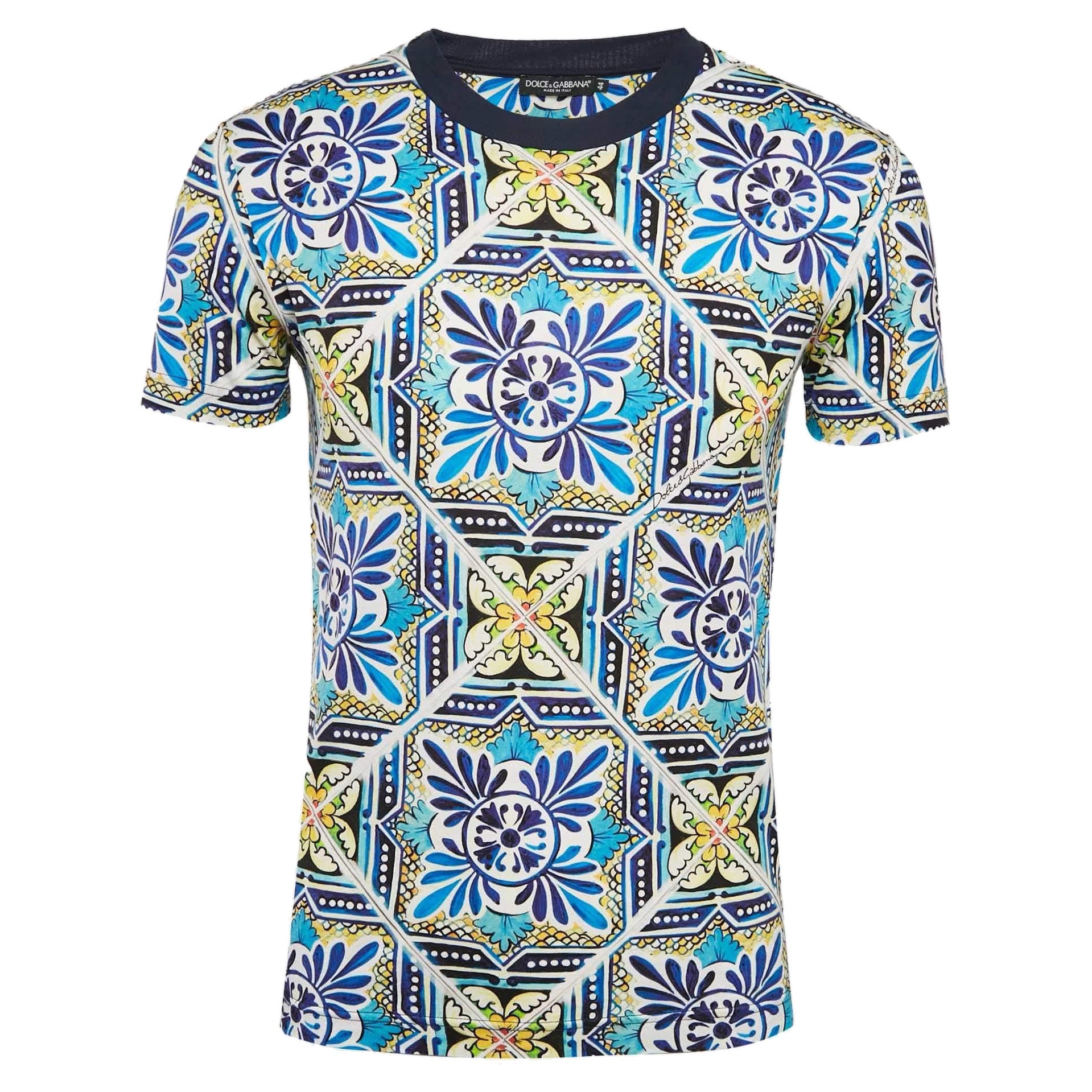 Dolce & Gabbana Blue Majolica Print Jersey Crewneck T-Shirt XS