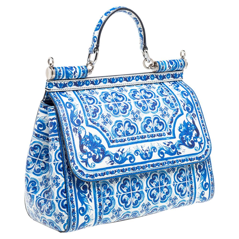 Dolce and Gabbana Blue Majolica Print Leather Medium Miss Sicily Tote at  1stDibs