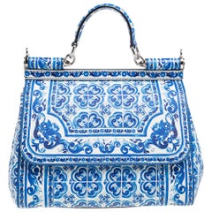 Dolce & Gabbana Blue Majolica Print Leather Medium Miss Sicily Tote