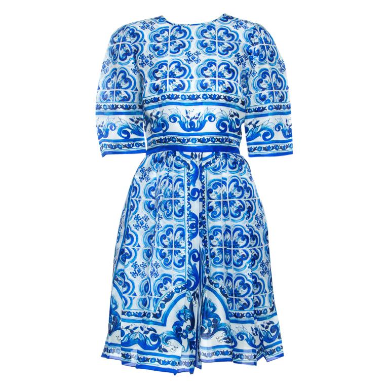 Dolce & Gabbana Blue Majolica Print Silk Organza Pleated Midi Dress M