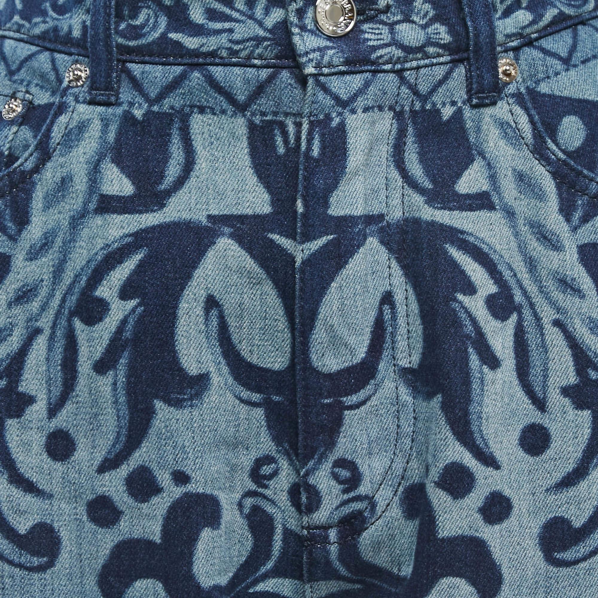 Dolce & Gabbana Blue Medieval Print Denim High Waist Boyfriend Jeans S Waist 26