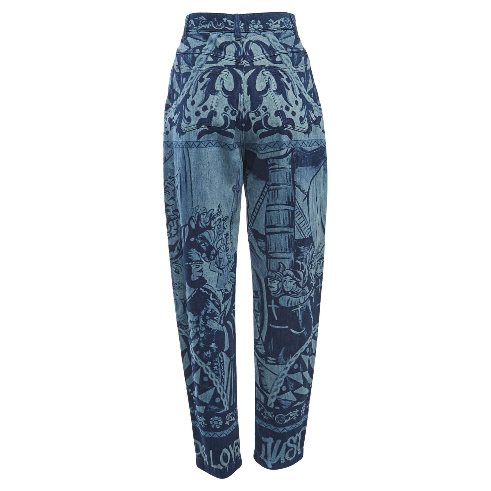 Dolce & Gabbana Blue Medieval Print Denim High Waist Boyfriend Jeans S Waist 26" en vente