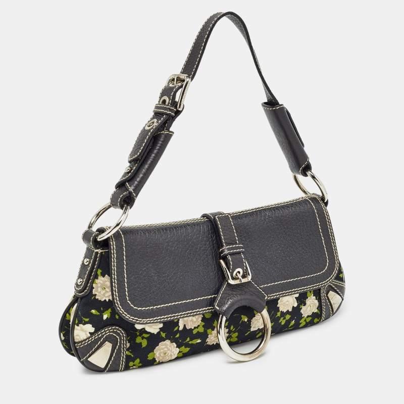 Black Dolce & Gabbana Blue/Multicolor Floral Print Canvas and Leather Shoulder Bag