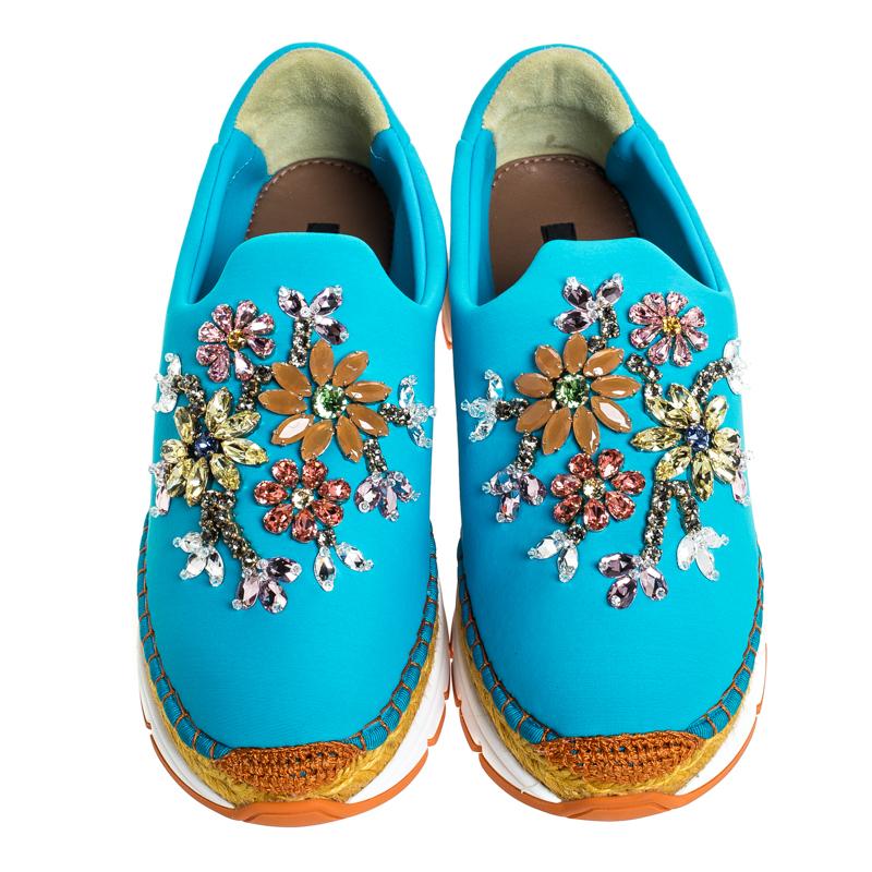 Dolce & Gabbana Blue Neoprene Barcelona Embellished Slip On Sneakers Size 38 In New Condition In Dubai, Al Qouz 2