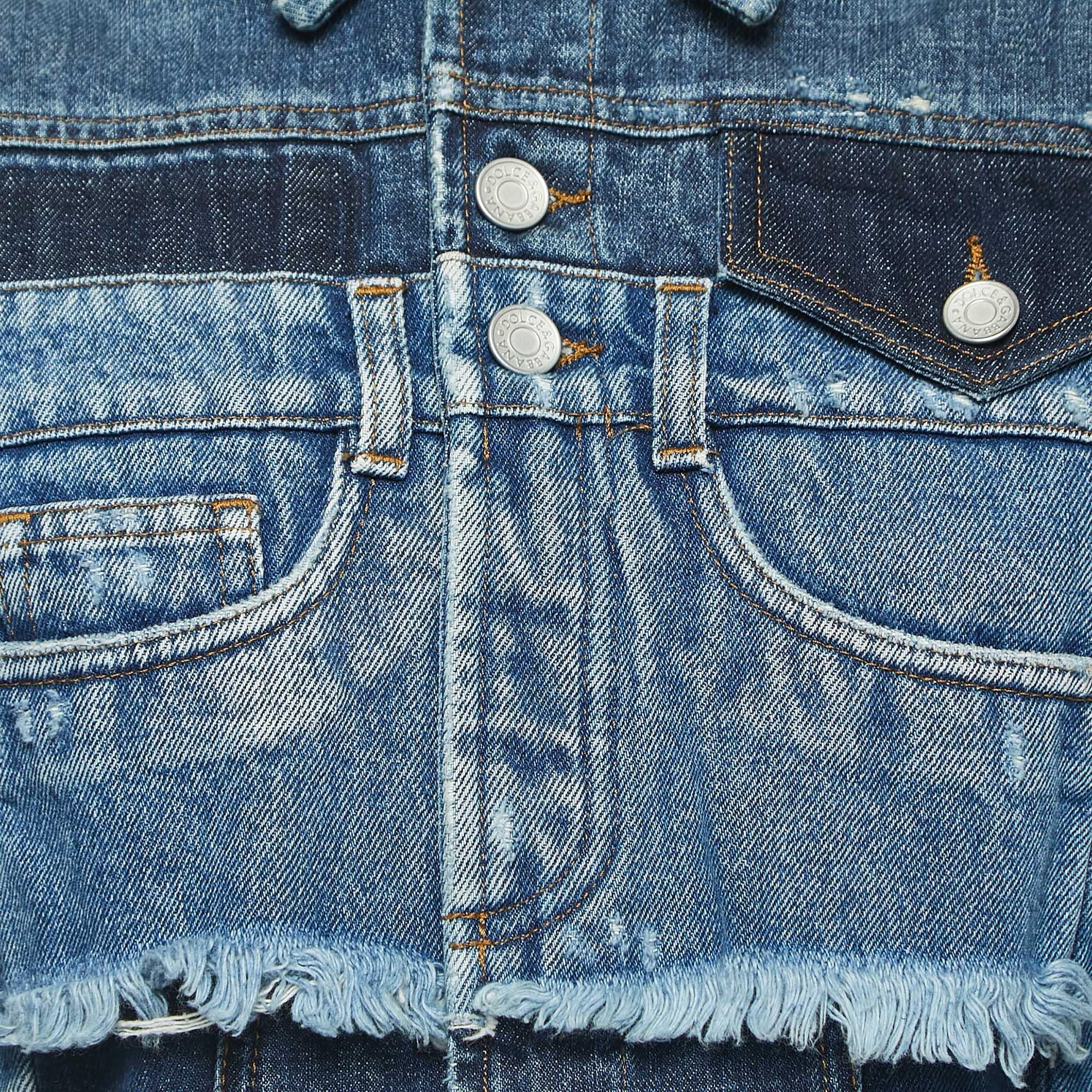 Gray Dolce & Gabbana Blue Patched Denim Cropped Jacket XS For Sale