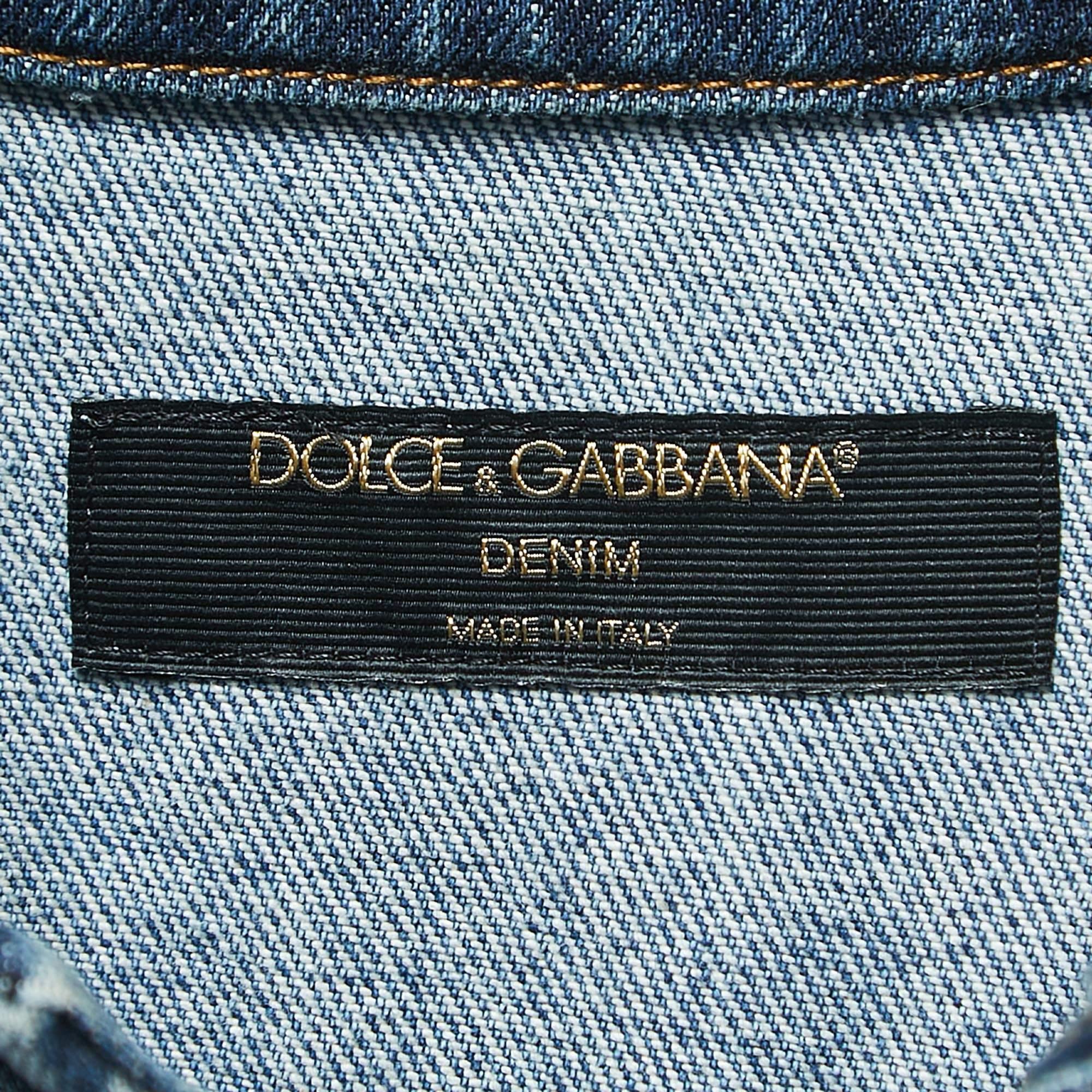 Dolce & Gabbana Blue Patched Denim Cropped Jacket XS In Excellent Condition For Sale In Dubai, Al Qouz 2