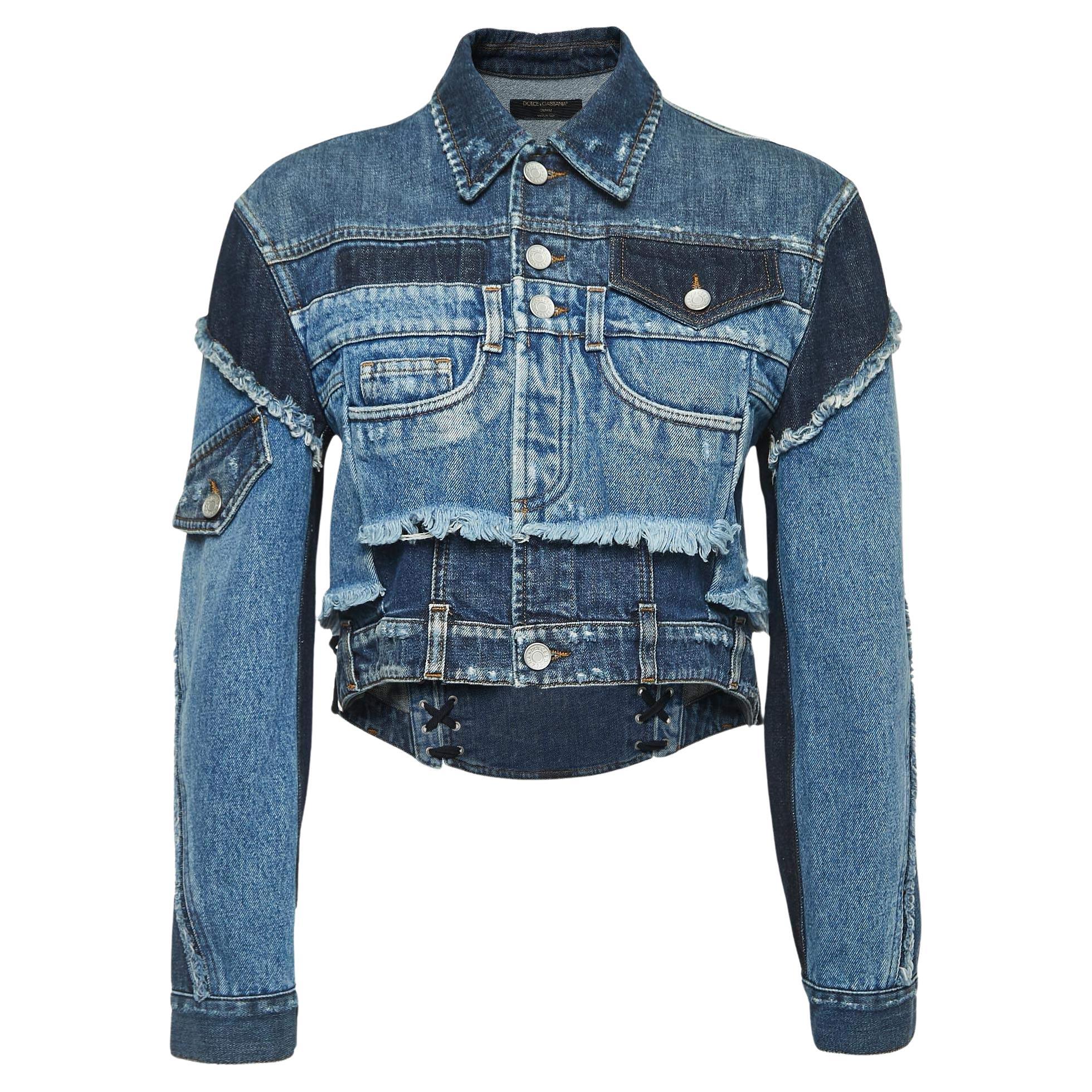 Dolce & Gabbana Blue Patched Denim Cropped Jacket XS For Sale
