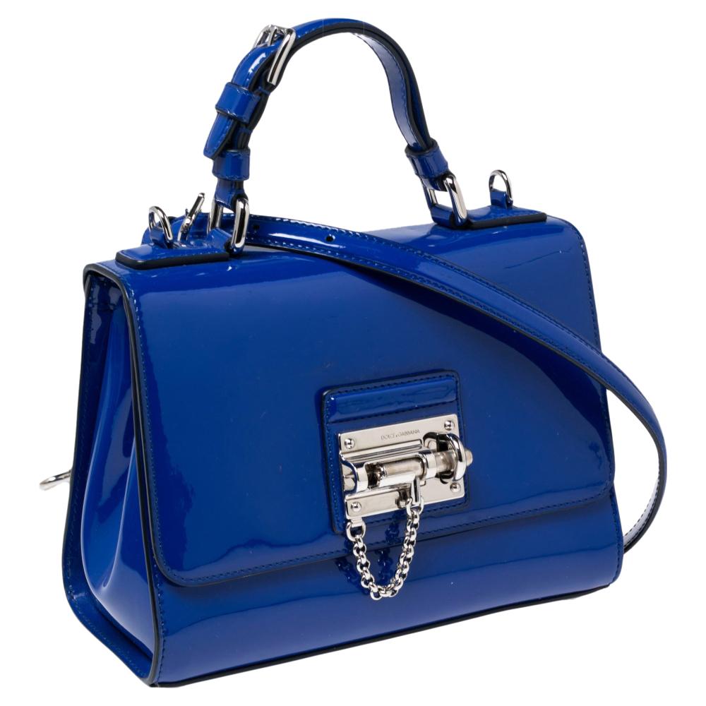 Dolce & Gabbana Blue Patent Leather Small Miss Monica Top Handle Bag In Good Condition In Dubai, Al Qouz 2