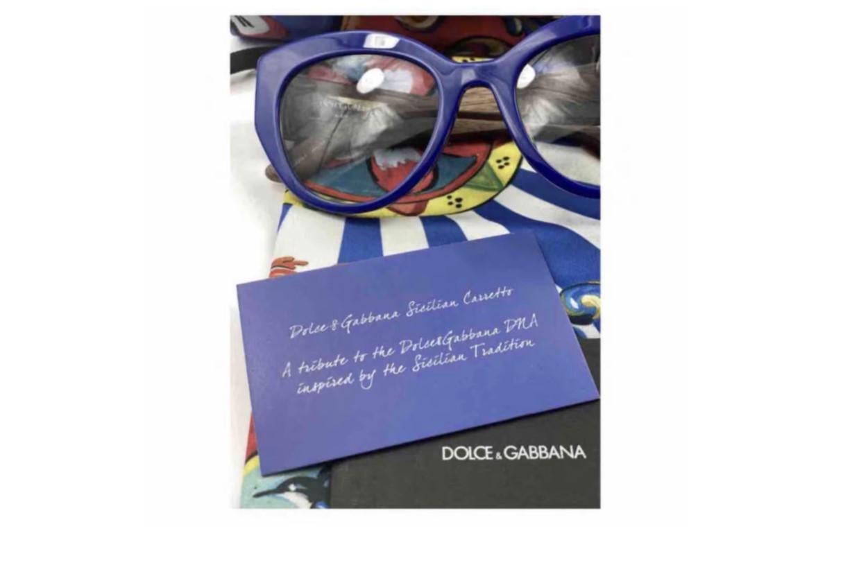 Dolce & Gabbana Blue Plastic Wood Sicily Caretto Hand Painted Sunglasses  In New Condition In WELWYN, GB