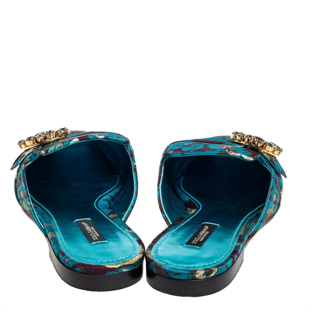 Dolce & Gabbana Blue Printed Brocade Fabric Crystal Embellished Mules Size 41 1